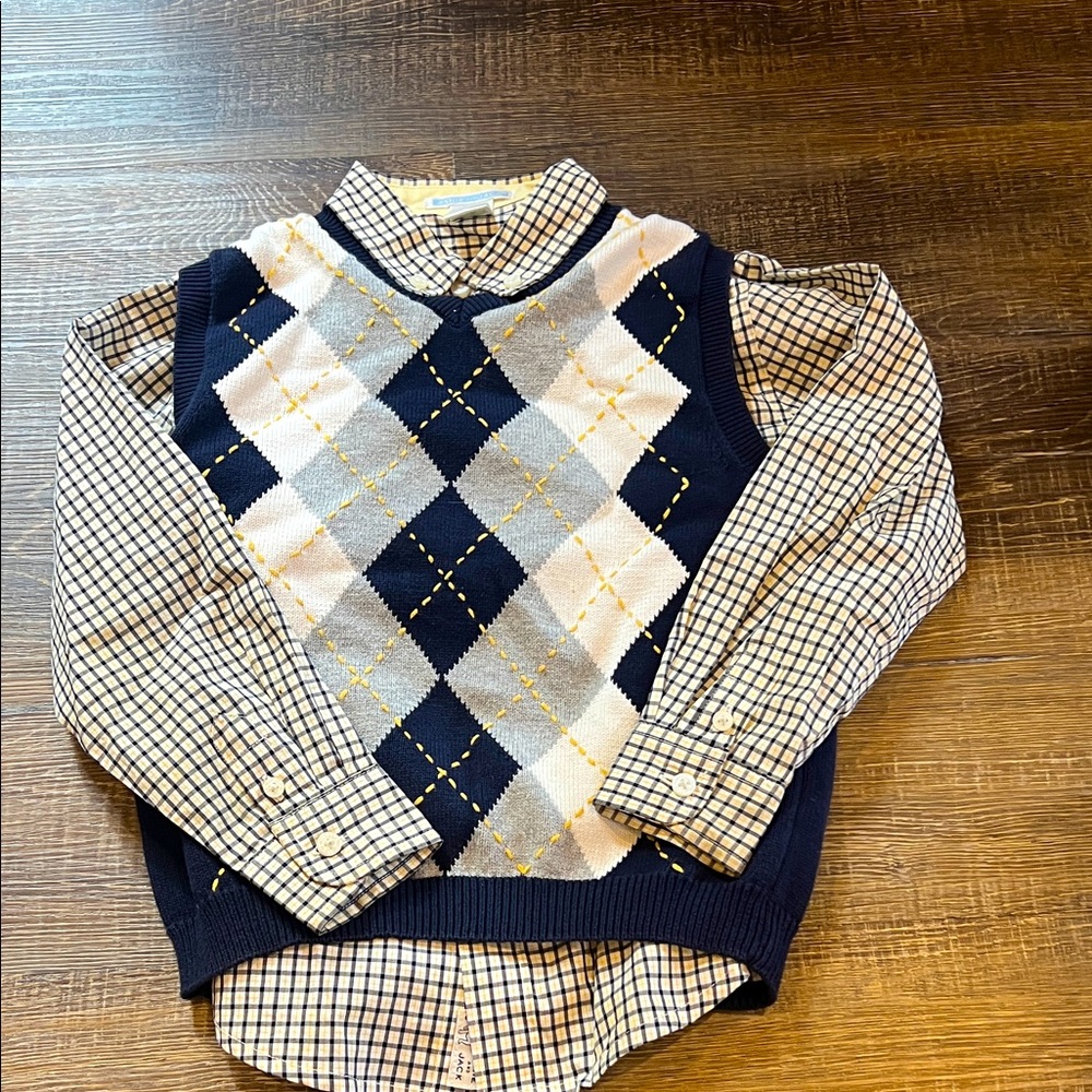 Janie and Jack Plaid Shirt with Navy argyle Sweater Vest